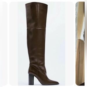 Zara Womens Brown Leather Zip Blocked High Heels Over Knee Boots Shoes Size 10